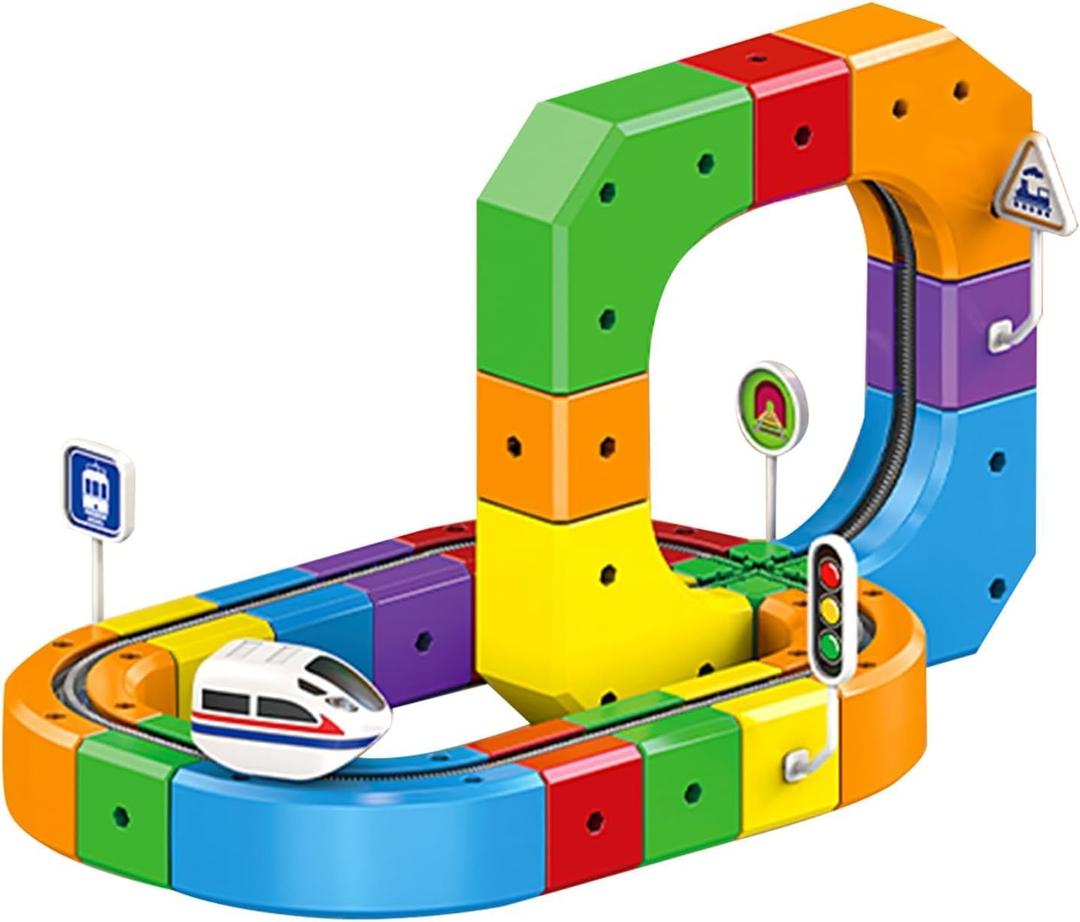 Electric Train Set, Flexible Track Fusion Train Set, DIY Race Car Track Building Kits with Train and Traffic Signs, for 4-10 Year Old Boys Girls Christmas Birthday Party Gifts (51pcs)