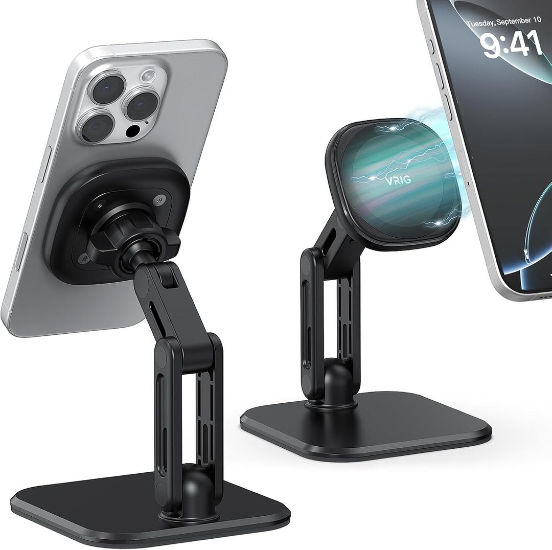 VRIG Magnetic Phone Holder for Desk, Adjustable iPhone Stand for Desk Compatible for iPhone 17 16 15 14 13 12 Pro Max Series and MagSafe Case,Foldable Desktop Cell Phone Holder Stand