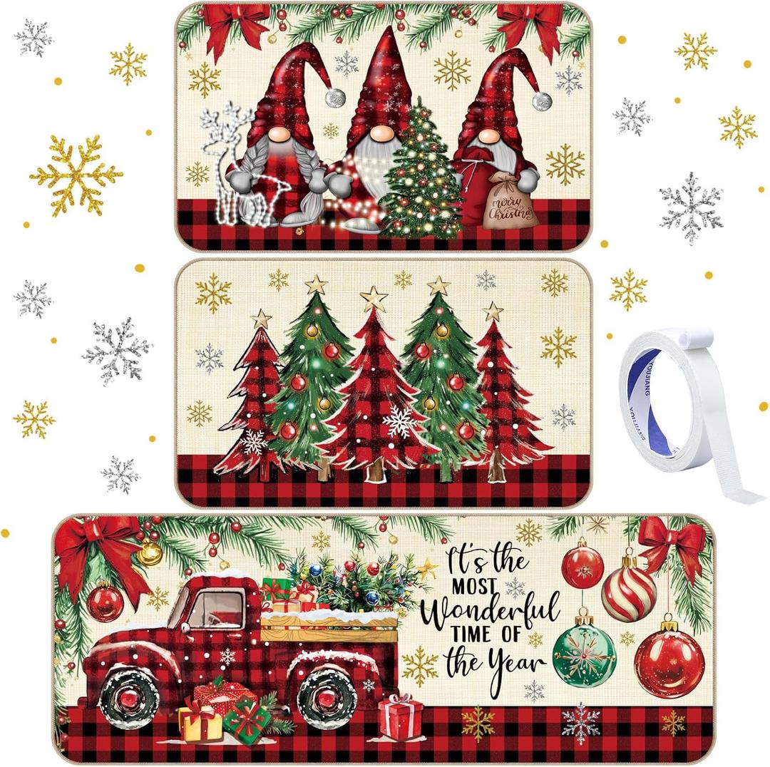 Drydiet 3 Pcs Christmas Kitchen Rug and Mats Red Black Buffalo Plaid Winter Kitchen Floor Mat Anti Fatigue Non Slip Vintage Gnome Xmas Tree Truck Throw Rug for Home Office Bathroom Farmhouse Decor