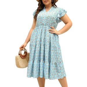 Keluummi Women's Summer Boho Floral Flutter Short Sleeve Midi Dress Flowy Casual Loose Ruffle Tiered High Waist Vacation Dress 22