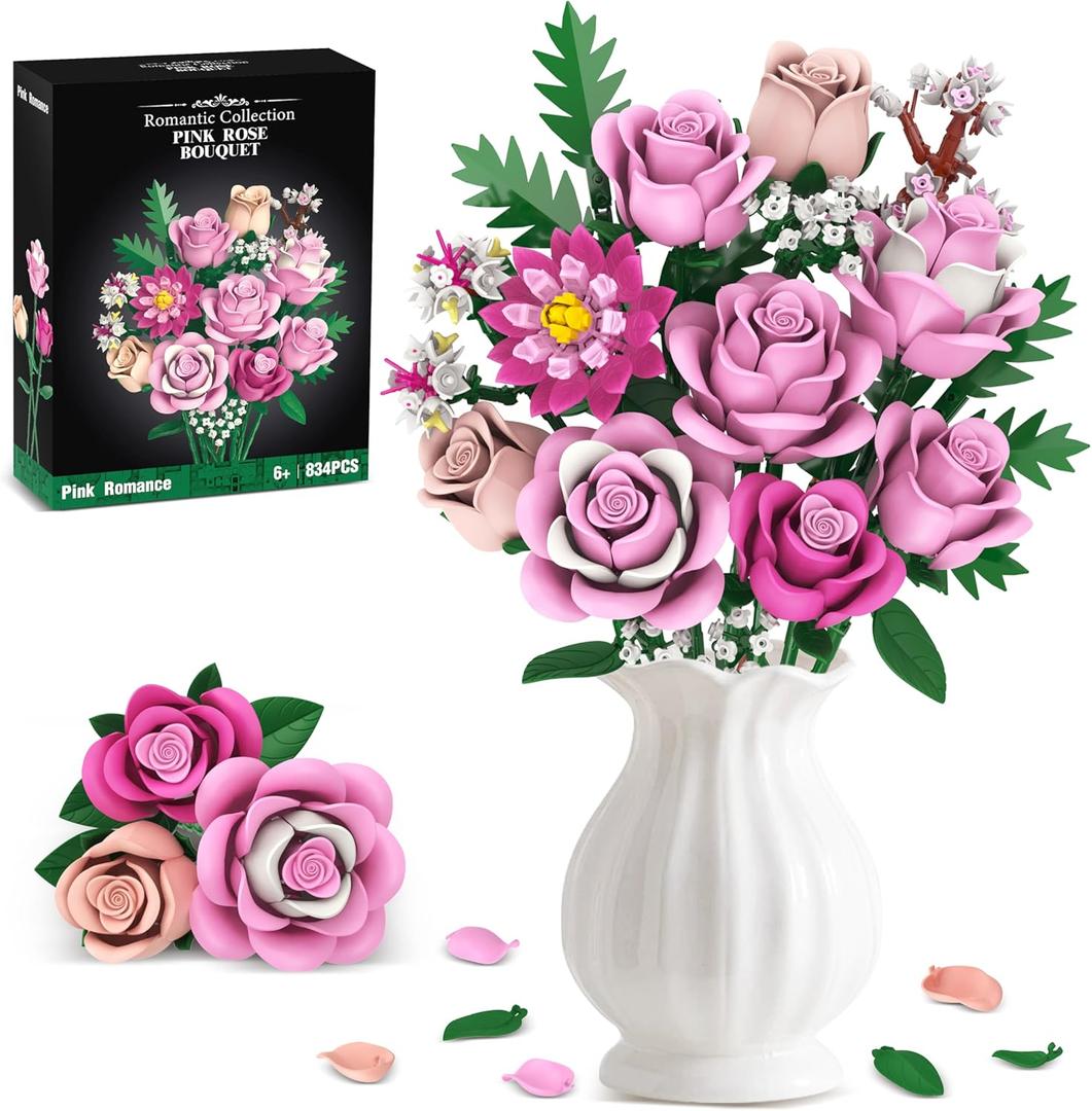 Pink Rose Bouquet Flowers Building Set, 834Pcs Roses Artificial Flowers Botanical Collection Compatible with Lego Flowers for Adults Valentines Day Gifts for Her Women Wife Girlfriend Mom