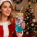 Color Changing Christmas Glass Cups - 16 Oz Iced Coffee Cups with Lids & Straws, Party-Reason Drinkware for Milkshakes, Juice & Iced Beverages, Festive Holiday Gift Set