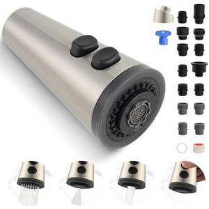 Hibbent Pull Down Faucet Head Replacement, 4-Function Kitchen Sink Spray Nozzle Replacement with 15 Adapters, Compatible with Moen, American Standard, Delta, Kohler Faucets, Brushed Nickel