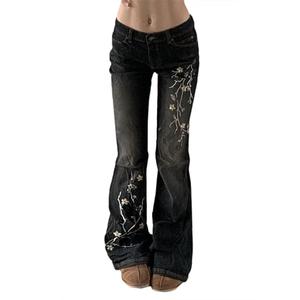 Women Bell Bottom Jeans Stretchy Flare Mid Rise Embroidery Vintage Denim Pants 90s Outfits Y2k Clothes 2XL