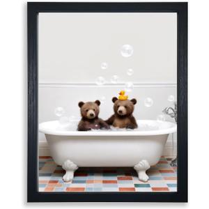 Sorbrozo Funny Bathroom Wall Art Black Frame Scene Of A Bear Sitting In A Bathtub With Bubbles Humorous Farmhouse Bathroom Decoration Frame Artwork 11x14 in
