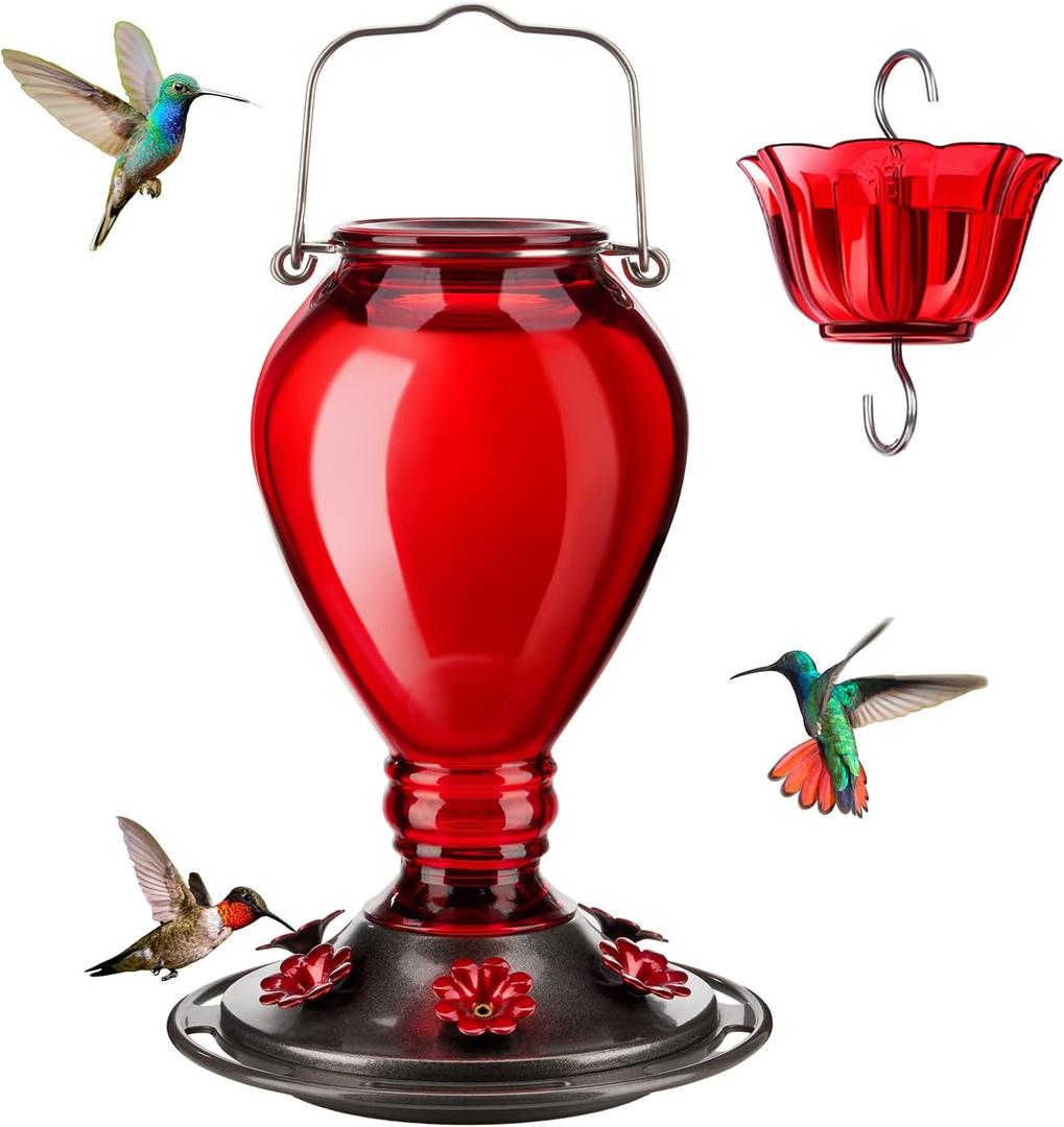 Kingsyard Glass Hummingbird Feeder - 6 Bee Guard Feeding Ports & Ant Moat, 24 oz Leak Proof, Wild Bird Feeder for Outdoors Hanging, Easy to Clean & Refill, Garden Yard Dcor, Red