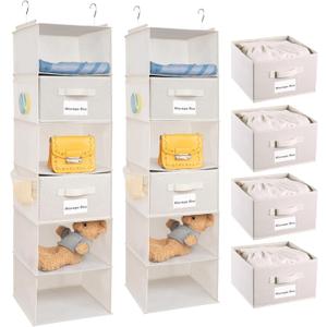 2 Pack 6 Shelves Hanging Closet Organizer with 2 Drawer, Hanging Storage with 4 Side Pockets for Clothes Shoes, 43.5"x12"x12"(Beige)