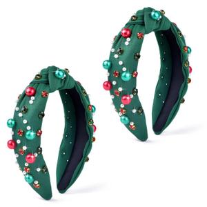 2Pcs Christmas Headband Green Pearl Rhinestone Beaded Hairband Xmas Wide Knot Hair Hoop Holiday Festival Gift for Women
