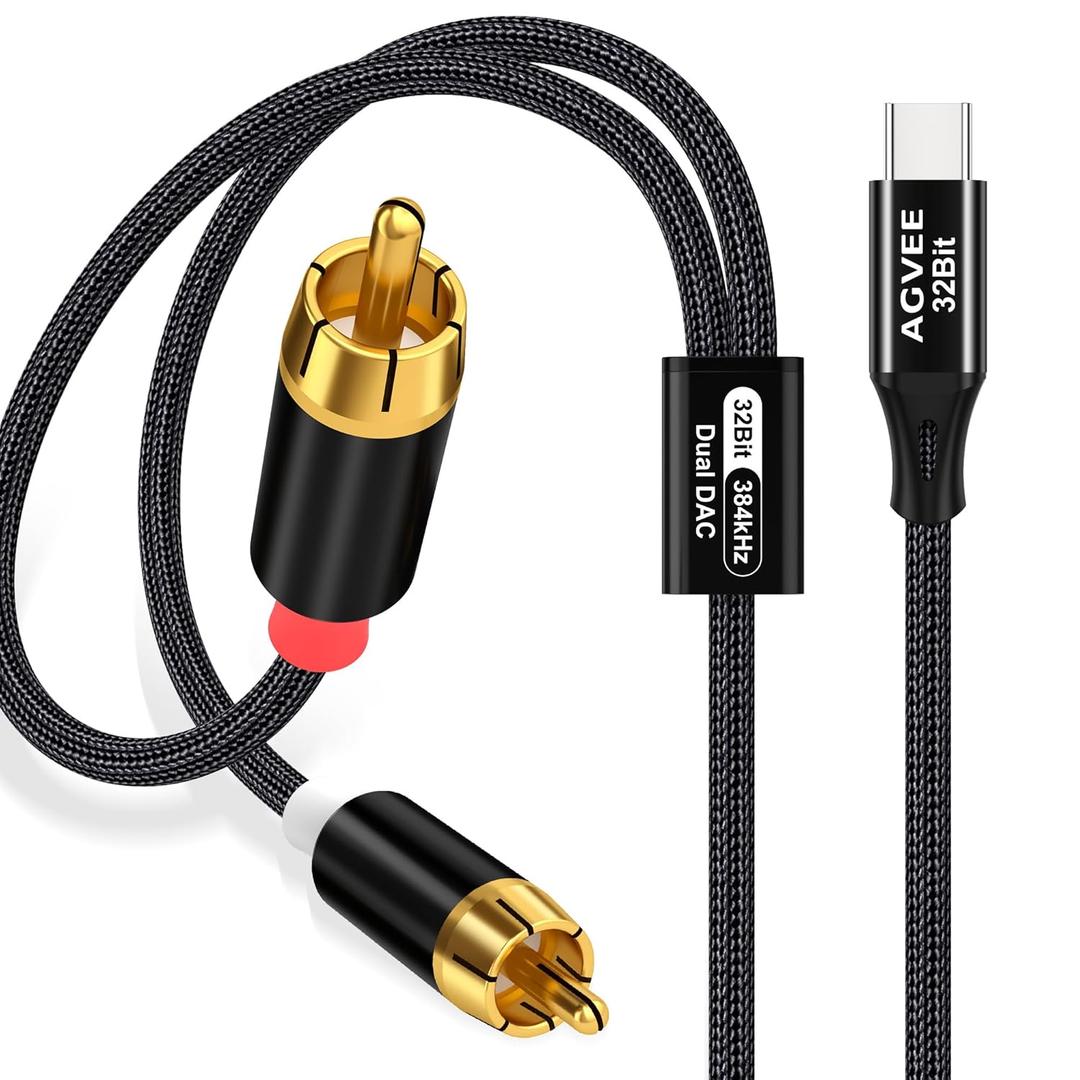 AGVEE 6.6ft Dual DAC 32Bit/384kHZ USB C to RCA Audio Cable, Type C to 2RCA Y Splitter Cord for iPhone 16 15 iPad Pro Samsung Galaxy S24 S23 S22 S21, Google Pixel Series, Amplifiers, Black