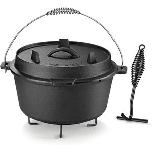 Velaze 10QT Camping Dutch Oven, Pre-Seasoned Cast Iron Camp Dutch Oven Pot with Lid, for Use in the Oven, on the Stove, Grill, or over the Campfire - Metal Handle, Lid Lifter, and Stand Support