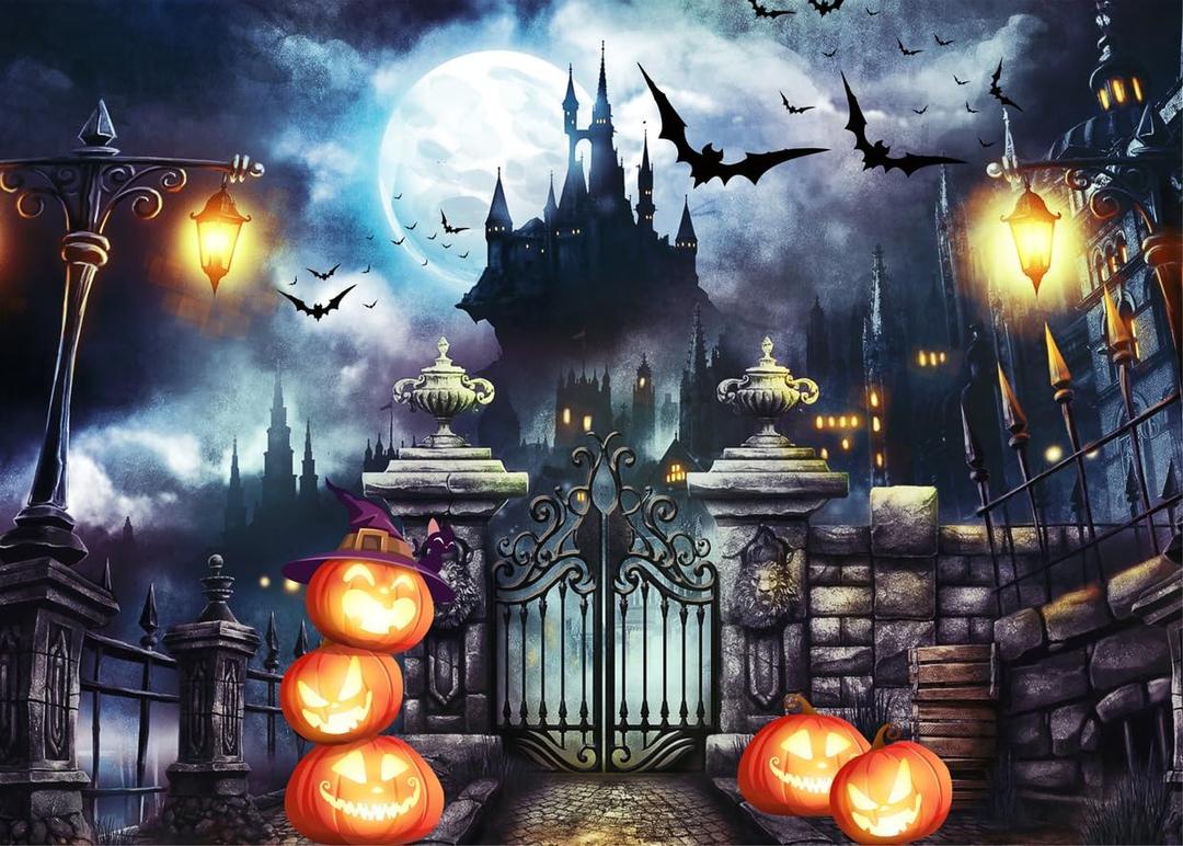 LYCGS 7X5ft Halloween Backdrop Full Moon Night Castle Bat Pumpkin Lantern Photography Backdrop Halloween Themed Party Background X-152