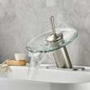 Waterfall Bathroom Sink Faucet Unique Brass Modern Circle Glass Waterfall Faucet for Basin Vanity Single Hole Pedestal Sink Faucets One Handle Corner Sink Bathroom Faucet, Brushed Nickel