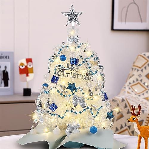 Juegoal White Mini Christmas Tree, 24 Inch/2 FT Lighted Tabletop Artificial Xmas Pine Tree, Small Spruce Tree Light Up Battery Operated & Timer with 50 LED Lights, for Holiday Winter Home Party Decor