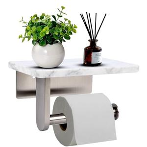 Toilet Paper Holder with Natural Marble Shelf for Bathroom Washroom,Wall Mounted Tissue Holder Suitable for Mega Roll (Brushed Nickel,Small 6.7 * 4.3 in)