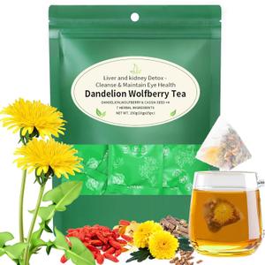 Organic Dandelion Root Tea, 7 Herbal Ingredients Natural with Goji Berries, Chrysanthemum, Dandelion, Cassia Seeds, Orange Peel, Gardenia and Licorice Tea Bag for Kidneys & Liver Health, 15 Bags