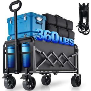 Collapsible Wagon Cart Foldable with Wheels - 360LBS Large Heavy Duty Folding Utility Wagon with All-Terrain Wheels & Brakes for Shopping Garden Beach Camping, 2 Drink Holders/Lightweight/Black