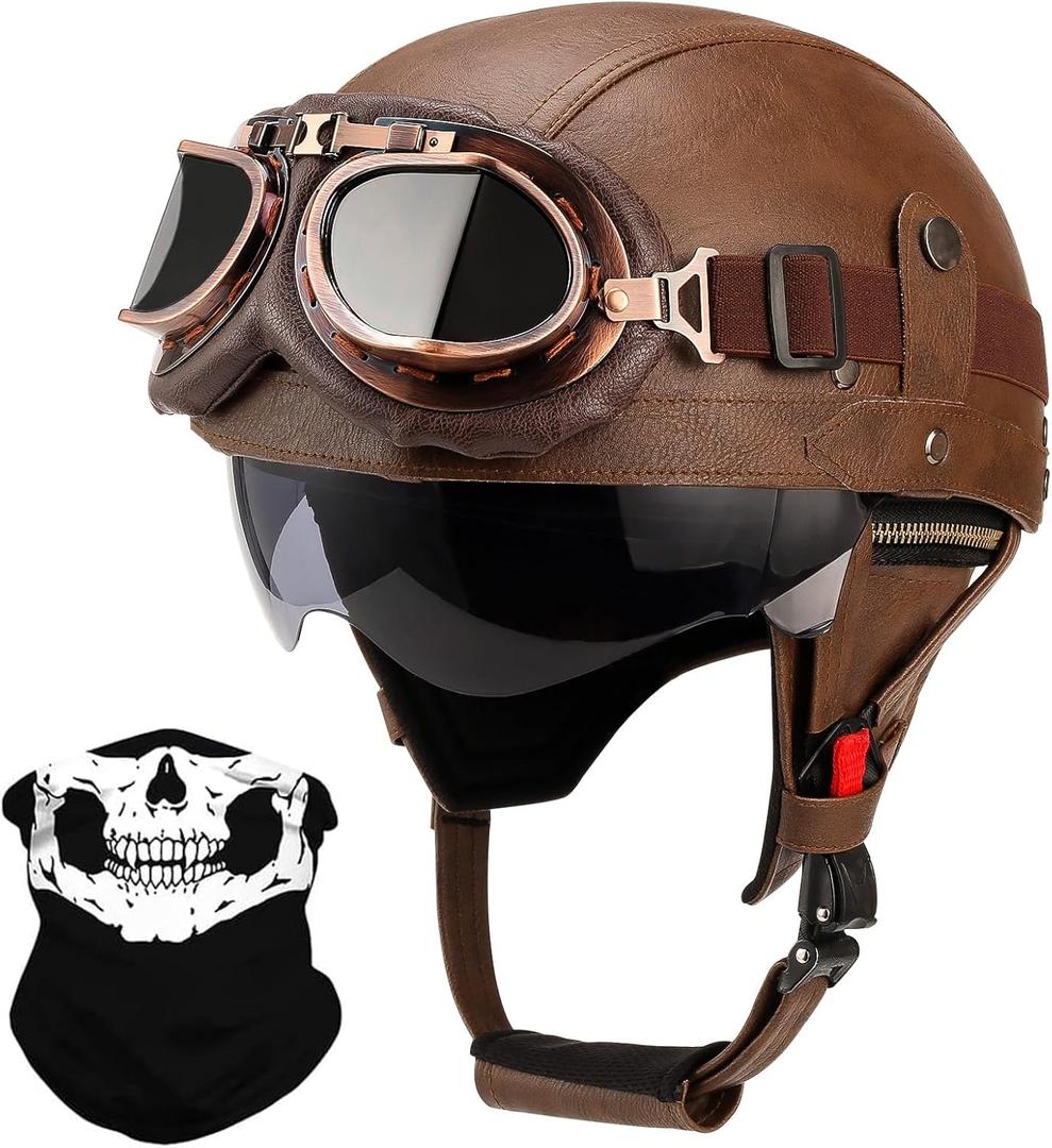 German Style Leather Motorcycle Half Helmet for Adults Men Women, DOT Approved Vintage Cap Half Face Shell Motorcycle Helmets for Cruiser Chopper+Goggles(Brown,X-Large)