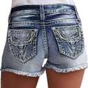 Flamingals Jean Shorts for Women Mid Waisted Stretchy Ripped Denim Shorts Raw Hem Curvy Summer Trendy (Blue, L)