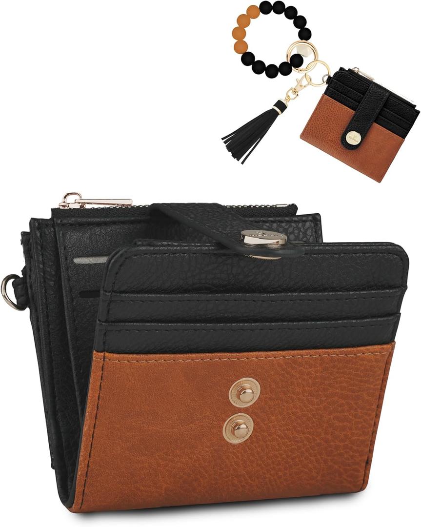 Small Wristlet Wallets for Women Keychain Wristlet Wallet RFID Blocking Key Chain Wallet With Zipper Coin Pocke,2 Id Window(BrownBlack)