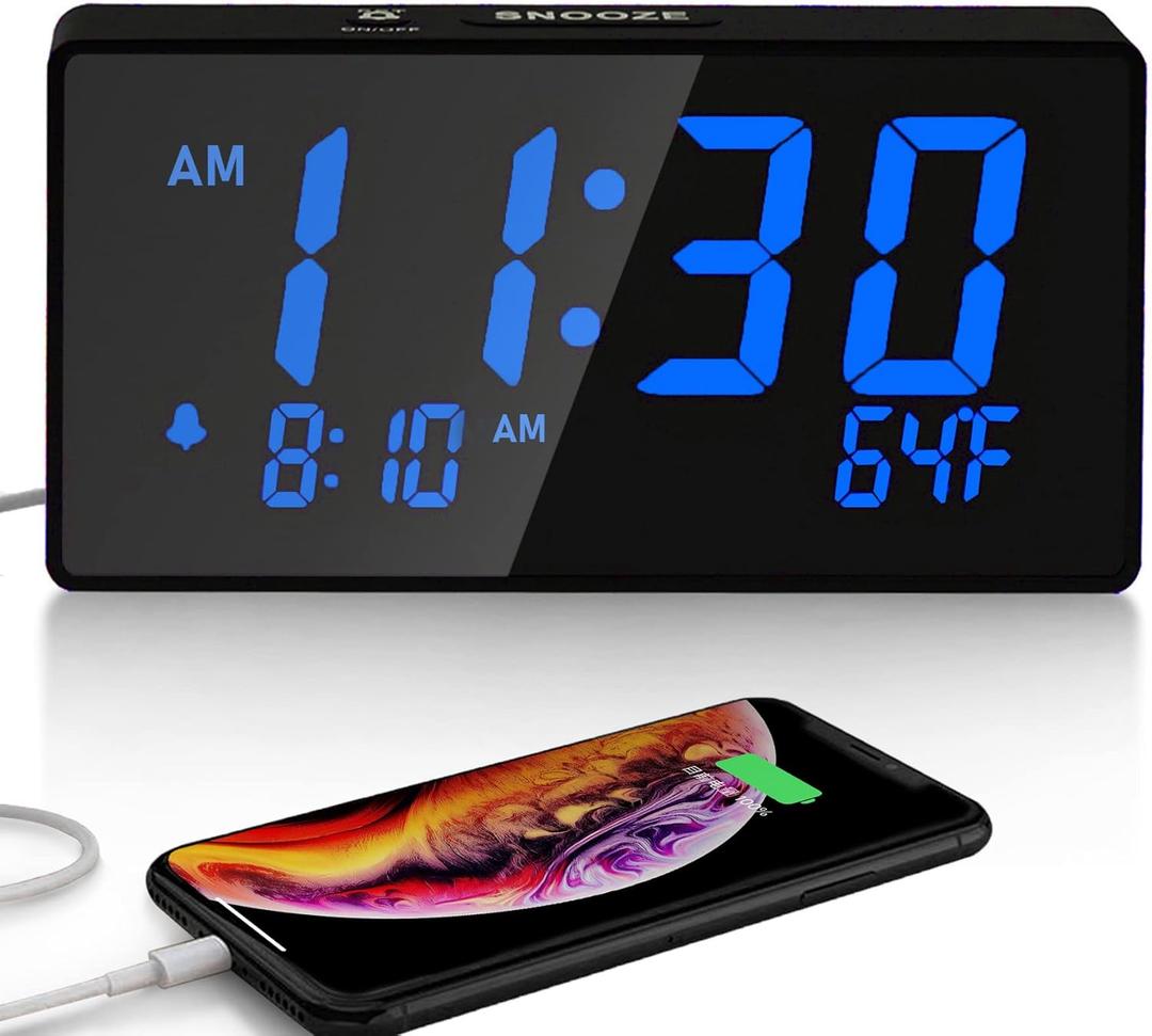 Desk Digital Alarm Clock for Bedroom, Blue 6" LED Display, with USB Port for Charging, 0-100% Brightness Dimmer, Temperature, Snooze, Adjustable Alarm VolumeSmall Bedside Clocks.