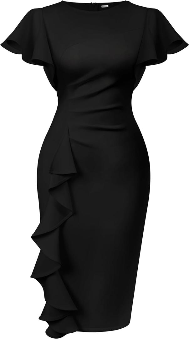 Memoriesea Women's Vintage Church Ruffle Sleeve Ruched Bodycon Work Midi Pencil Dress (X-Large, Black)