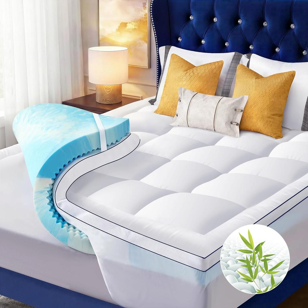 King Size 4 Inch Dual Layer Mattress Topper, 2 Inch Fluffy Soft Pillow Top Mattress Pad Cover and 2 Inch Gel Memory Foam for Back Pain Relief, Breathable, Cooling