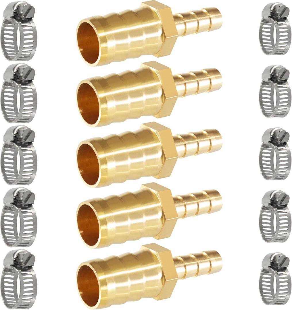 Brass Hose Barb Reducer 5/8" (16mm) to 5/16" (8mm) Reducing Barb Splicer Mender with Stainless Steel Pipe Clamps air Hose Repair kit for Pipe Line/Fuel/Air (Pack of 5) (5/8" to 5/16")