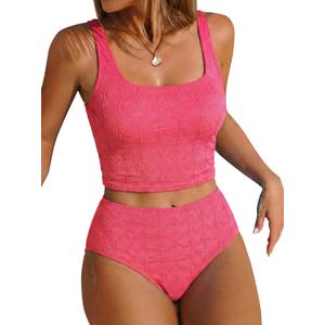 ZAFUL Womens Tankini Swimsuits Tummy Control Bathing Suits Two Piece Swimsuit Cute Textured Swim Top with High Waisted Bottom Swimwear 2025 Pink X-Large