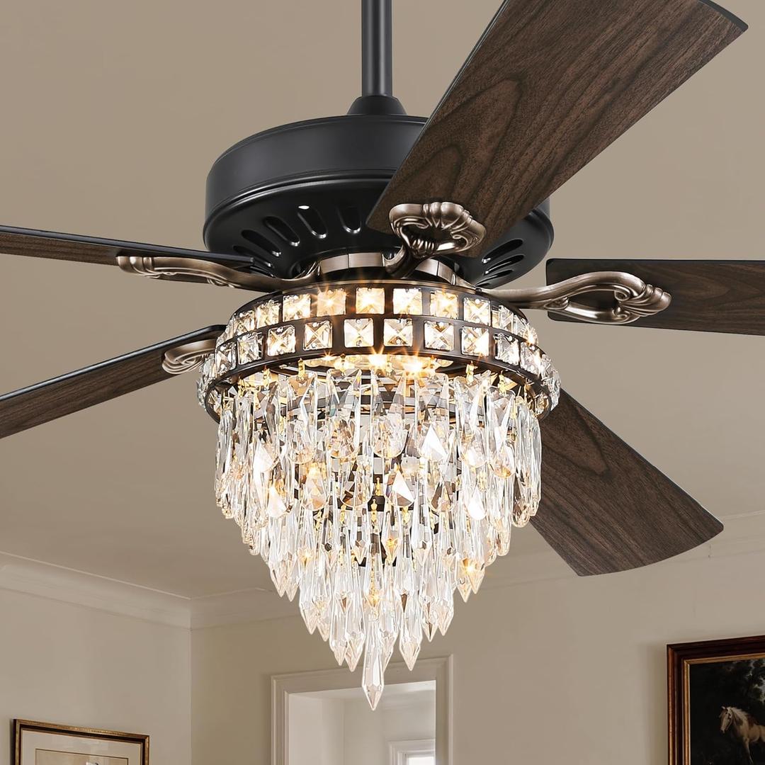 60 Inch Farmhouse Fandelier Ceiling Fans with Light, Crystal Ceiling Fan Chandelier with 6 Speeds, Quiet Reversible Noiseless DC Motor, 3CCT, Indoor Ceiling Fan for Living Room Bedroom (Black)