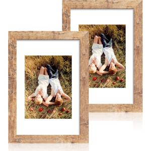 iRahmen 8x12 Picture Frame Set of 2, Rustic Brown Wood Frame with High Definition Glass, Display Pictures 6x8 with Mat or 8 x 12 without Mat for Horizontal or Vertical Tabletop and Wall Mounting
