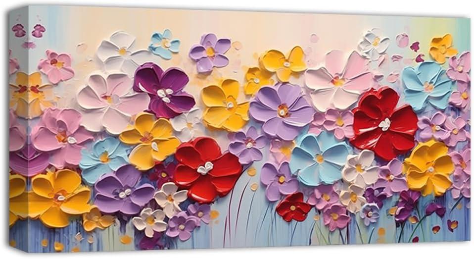QIXIANG Colorful Floral Canvas Wall Art Abstract Hand Painted Flowers Paintings Prints Large Flower Artwork Living Room Decor Framed(Flower 4,10.00" x 20.00")