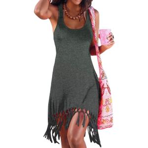 pinziko Women's Summer Swimsuit Beach Dress Bathing Suit Cover Up Vacation Fringe Dresses (Medium, Gray)