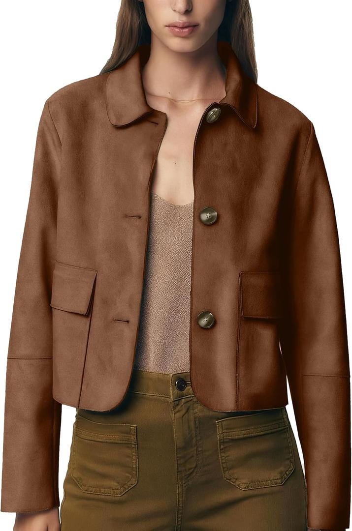 Womens Faux Suede Bomber Jacket Fall Long Sleeve Lapel Button Down Jackets Trendy Going Out Casual Outerwear