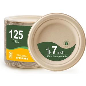 WELLIFE 7 Inch Paper Plates, 125-Pack Small Dessert Paper Plates Bulk, 100% Compostable Biodegradable Bagasse, Eco-Friendly Disposable Plate for Dessert,BBQ,Picnic,Party (BPI Certified,Microwaveable) (Natural)