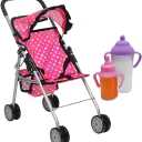 fash n kolor - My First Baby Doll Stroller - Pink Polka Dot Doll Stroller with Basket- Soft Grib Handle. Foldable with Hood Toy Doll Pram Baby Doll Accessories. With 2 Free Bonus Doll Bottles Included
