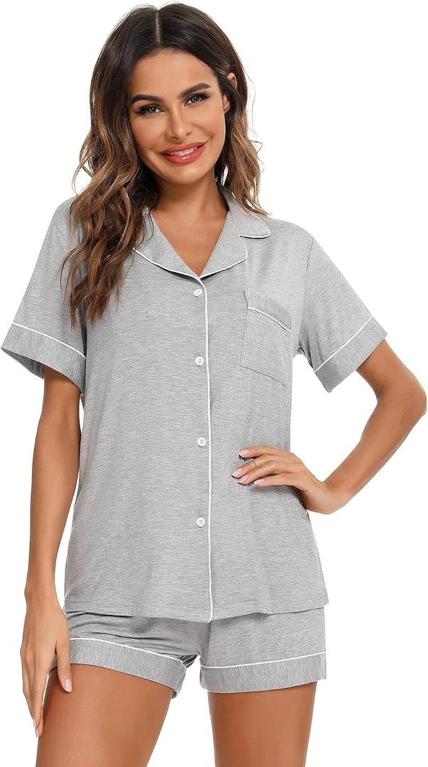 Aamikast Button Up Pajama Set for Women Shorts Short Sleeve Knit Sleepwear 2 Pice Pjs Sets (Medium, Light Gray) (Gray, M)