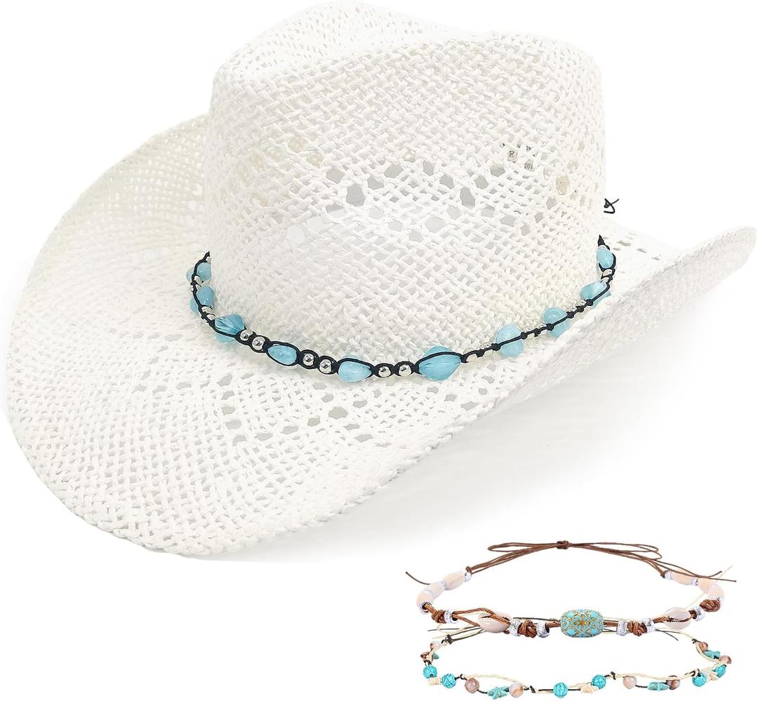 Men's Women's Straw Cowboy Hat, Western Cowgirl Hat, Wide Brim Hollow Out Sun Beach Hat with Three Decorative Bands (White)