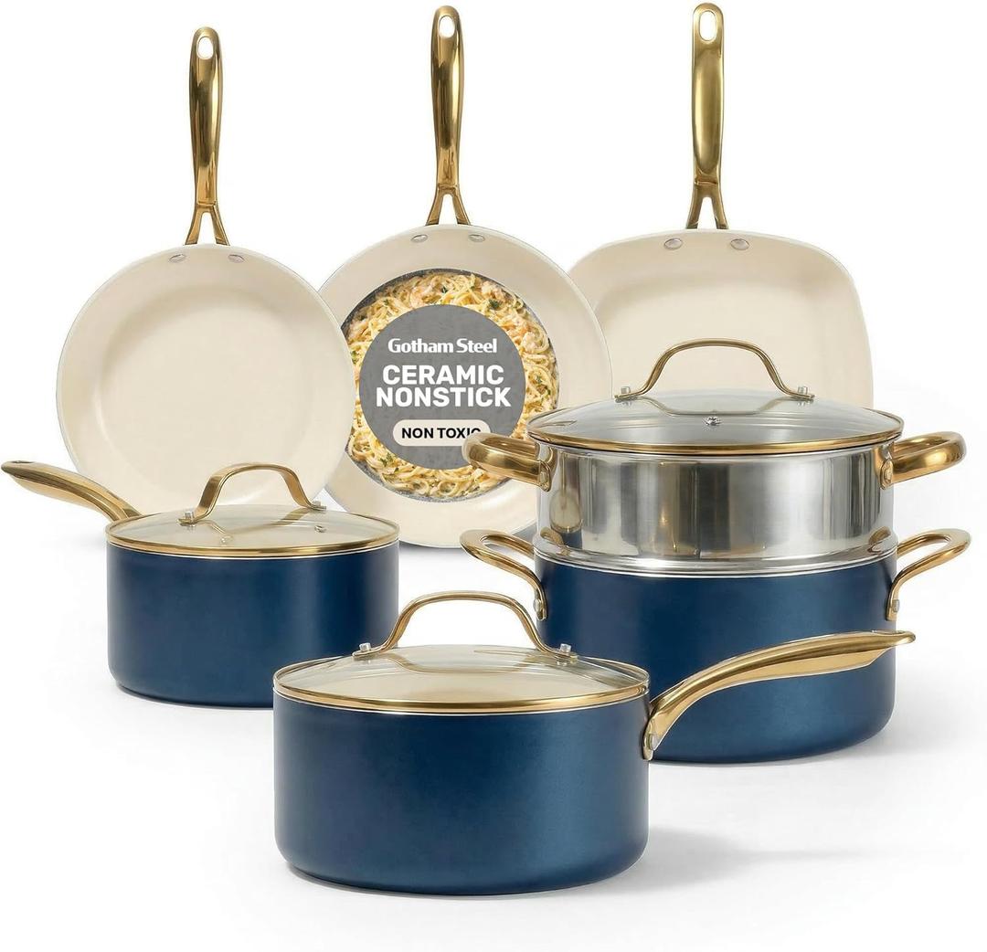 Gotham Steel 12 Pc Ceramic Cookware Set Nonstick, Ceramic Pots and Pans Set Non Stick with Steamer for Cooking, Non Toxic PFOA PFOS Free, Premium Stay Cool Handles, Oven & Dishwasher Safe (Navy Gold)