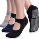 unenow Non Slip Grip Yoga Socks for Women with Cushion for Pilates, Barre, Home (One Size, 3 Pairs-black/Navy/Grey)