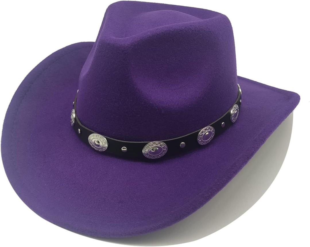 Classic Western Cowboy Hat Cowgirl Hat Unisex Men's & Women's Wide Brim Felt Fedora Hat Flat Top with Buckle Belt (7 1/4-7 1/2, Purple)