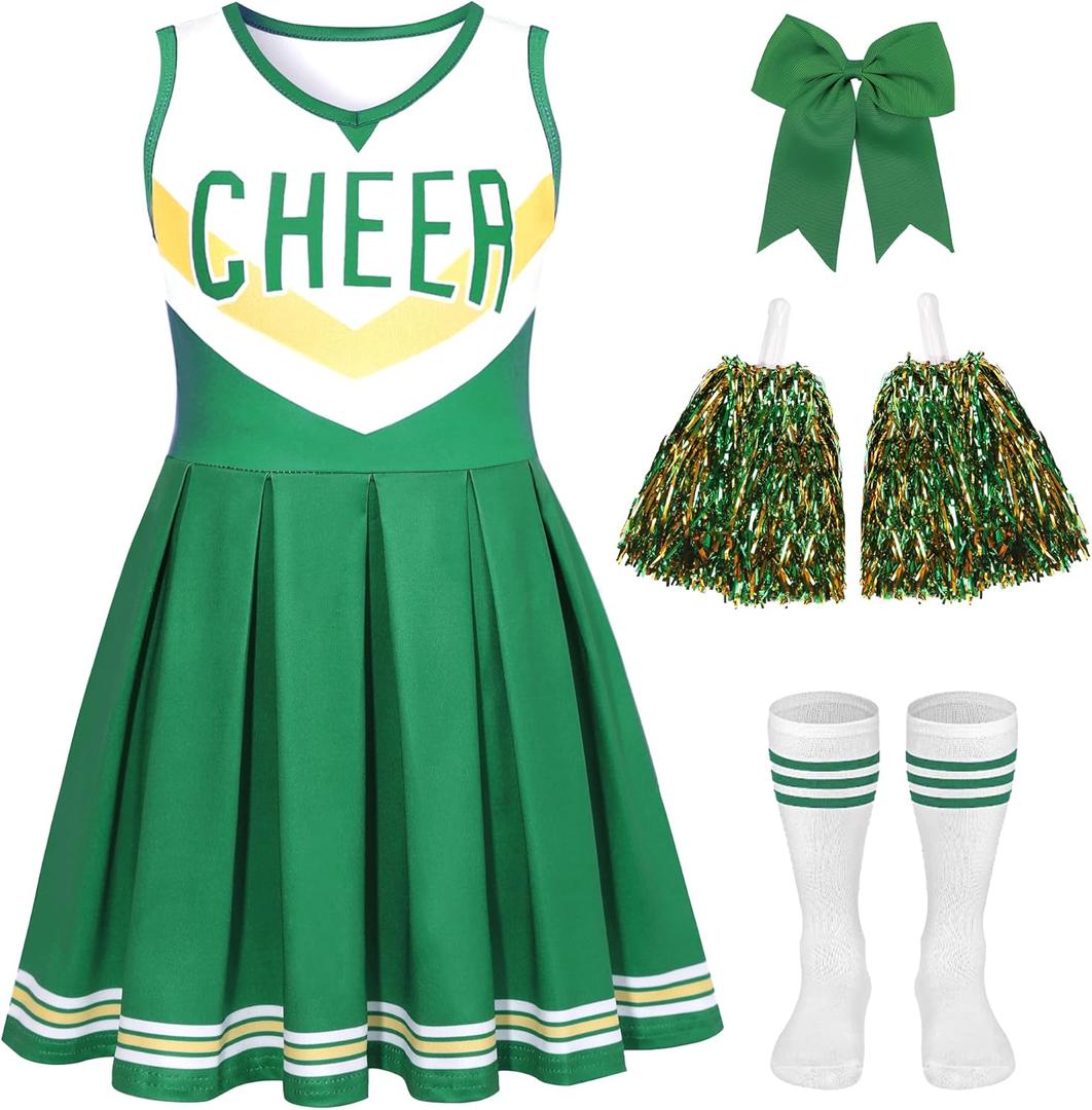 Cheerleader Costume for Girls Cheerleader Outfit for Kids Cheerleading Dress with Pom Poms for Halloween Dress Up (6-7 Years)