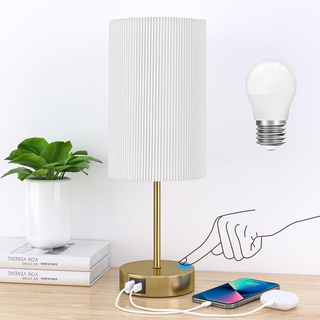 AKASUKI Table Lamp for Bedroom, 3 Way Dimmable Touch Lamp with Dual Charging Station, Small Bedside Lamps for Night Stands, Living Room, Office(LED Bulb Included) (14.25 in, White Shade-Gold Base)
