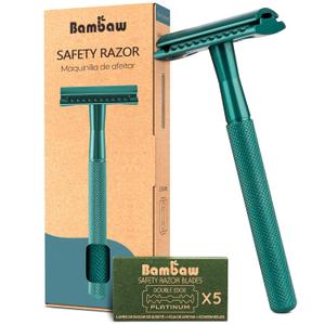 Bambaw Men Safety Razor with 5 Double Edge Safety Razor Blades, Single Blade Razor for Men & Women, Plastic Free Stainless Steel Razor - Sea Green
