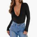 REORIA Women's Trendy Sexy Plunge Deep V Neck Long Sleeve Bodysuit Double Lined Going Out T Shirt Tops, XXL