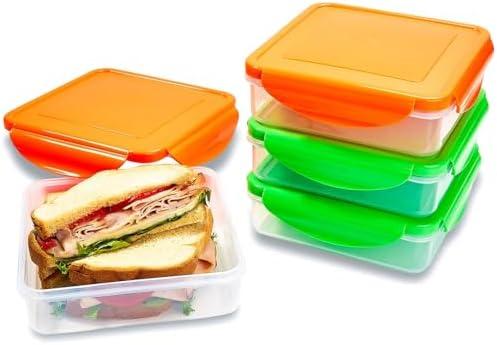 4 Pack of Sandwich Containers - Reusable, BPA Free Plastic, Snap & Lock Shut Lids and Silicone Seal. Great for Fruit, Salad, Lunch Box Snacks and Food Storage