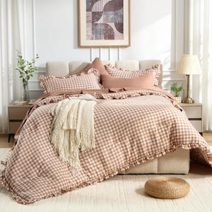 BDEUS 7 Pieces Gingham Ruffle Comforter Set King Size, Brown Grid Tartan Bedding Set, Soft Breathable Fabric Comforter with Flat Sheet, Fitted Sheet, 2 Pillowcases & 2 Shams, 104"X90"