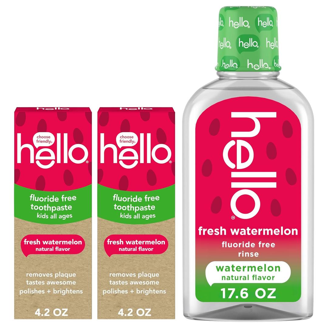 Hello Fresh Watermelon Fluoride Free Kids Toothpastes and Fluoride Free Kids Mouthwash Bundle Pack, Freshens Breath and Tastes Awesome, SLS Free Formulas, No Spicy Mint, Natural Watermelon Flavor