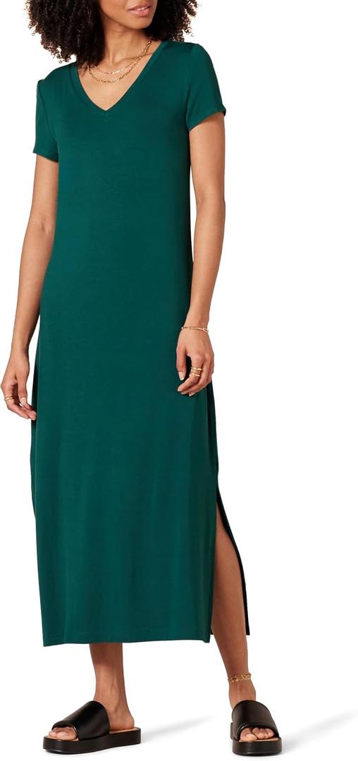 Amazon Essentials Women's Regular Fit Jersey V-Neck Short Sleeve Midi Length T-Shirt Dress, Soft Viscose Stretch Jersey with Side Slits, Dark Green, X-Small