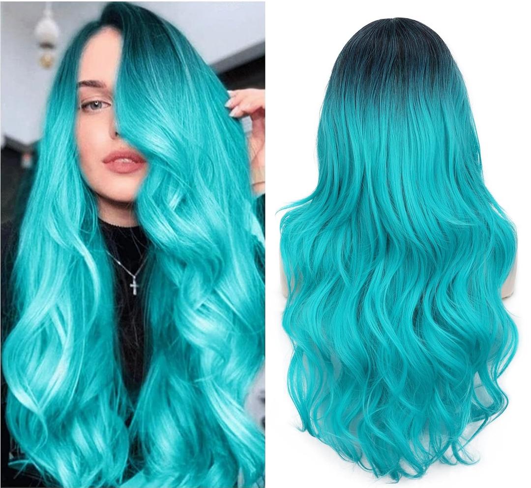 FAVE Ombre Bluish Green Wig Long Wavy Side Part Wigs Heat Resistant Synthetic Hair Teal Blue Mermaid Wigs for Women Teal Wig for Daily & Party Use(Ombre Bluish Green) (26)
