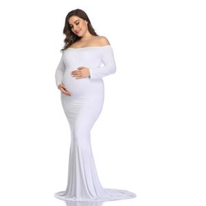 Mommy Jennie Long Sleeve Maternity Dress for Photoshoot Stretchy Pregnancy Fitted Gowns for Baby Shower (Large, White)